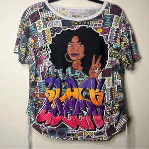 ON FIRE Black Queen Printed Ruched Sides Streetwear Short Sleeve Top